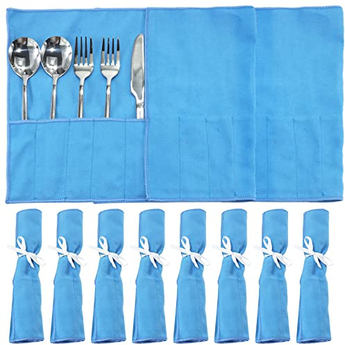 ikaufen 8/10 Stück silberne Aufbewahrungstaschen, Anti-Anlaufschutz, Flanell-Schutzbeutel, blauer Halter für Besteck, Aufbewahrung, Organizer, silberfarbenes Aufbewahrungstuch, weißes Band für