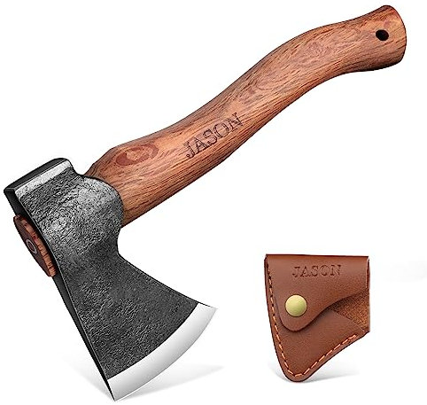 JASON Handbeil Mit Holzgriff - Klein Axt Outdoor Survival Mit PU Scheide Handgeschmiedet Wikinger Freizeitbeil Camping für Männer Geschenke Bushcraft Wald Garten