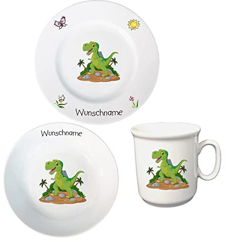 Kindergeschirr personalisiert - Frühstücksservice 3-tlg. Porzellan Teller Becher Schale personalisierbar mit Wunschname Name Namen personalisiert (Dinosaurier)