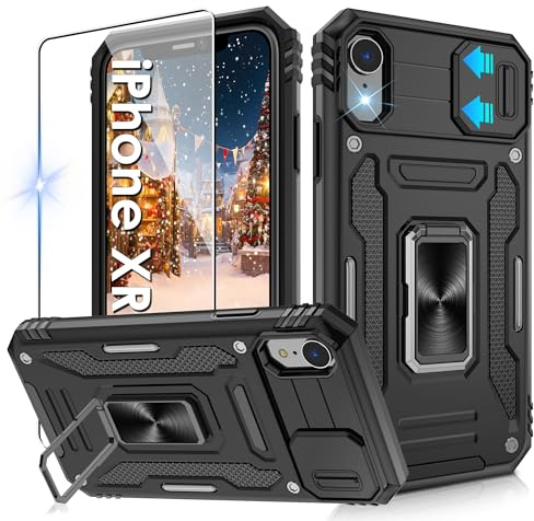 Jshru for iPhone XR Phone Cases with Screen Protector,Slide Camera Cover,Ring Kickstand, Anti-Scratch Armour Phone Cover for iPhone XR,Black