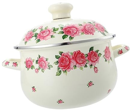 RORPOIR Enamel Stock Pot Soup Cooker 20cm Pink Rose Pattern Old-Fashioned Thickened Double Handle Covered Stew Pot for Home Kitchen Use
