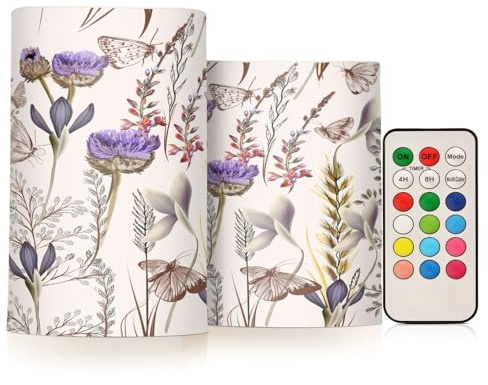 Quteprint Lot de 2 bougies sans flamme à LED vacillantes avec minuteur à distance, motif animal, papillon, fleurs, plantes, bougies chauffe-plat, bougies chauffe-plat, fausses bougies pour la maison,