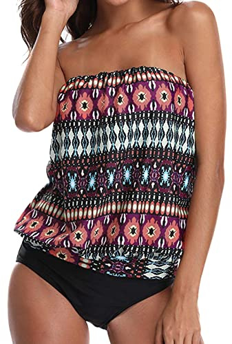 Generisch Tankini de Verano para Mujer, Traje de baño para Mujer, Traje de baño de Dos Piezas, Push up Vintage, Estampado Vintage, Traje de baño, Tankinis Parte Superior con Bragas, Vino, XL