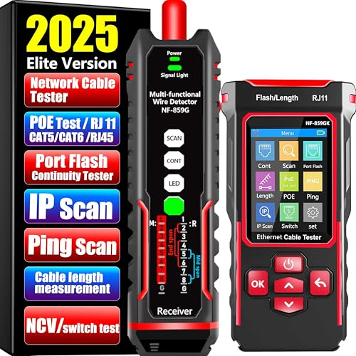 NF-859GK Tester per cavi di rete con tester IP, VFL 10 mw Visual Fault Locator, PING/POE/RJ45 RJ11 TDR CAT5 CAT6 Tester Ethernet per linee telefoniche CAT3, strumento di rete LAN Wire Tracer