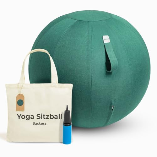 Backerz Sitzball Büro Ergonomisch 65 cm, Ergonomische Sitzmöbel für Büro und Heimbüro, Langlebiger Stoff, Gymnastikball - Fitness-Ball, Ballstuhl mit Ballauflage - Waschbarer Leinenbezug - Grün