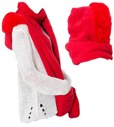 TMTGTS 3-in-1 Set Damen Winter Kapuzenschal Handschuhen Warmer Kunstpelz Halswärmer Taschen Outdoor Wind Kälte Mütze Touchscreen Schal Geschenk Accessoires Hut Mit Pelzigen Mädchen Ohrenschutz(Rot)