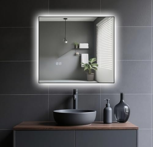 LaapDak LED Badspiegel mit Beleuchtung 80x70cm, Wandspiegel für Badezimmer,IP54 Wassergeschützt, Kaltweiß 6500K,Rechteckig,Energiesparlichtspiegel