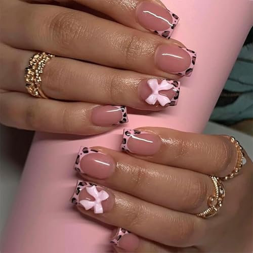 LunarCharm Lot de 24 faux ongles carrés courts avec nœud rose - Motif léopard - Couverture complète
