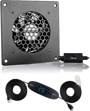 BRIEFCEC Ventilateur USB 80mm, affichage numérique de régulation de température, système de ventilation silencieux, ventilateur 5 V, avec cadre moderne en aluminium brossé noir pour meuble AV home