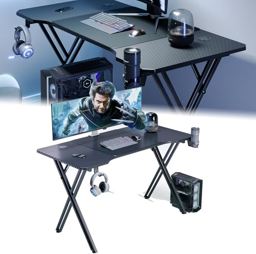 LZQ Tavolo da Computer, 140 x 60 cm, Scrivania Gaming Ergonomica, con Porta Bevande e Gancio per Cuffie, Tavolo da Gioco con Superficie in Fibra di Carbonio, per Camera da Letto, Studio