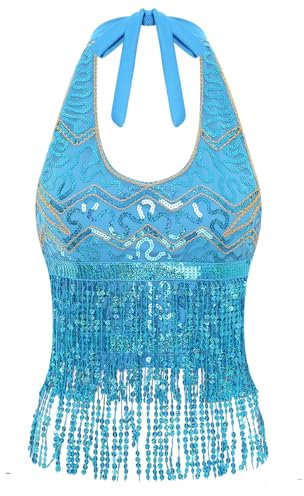 Agoky Damen Pailletten Top Neckholder Shirt Bauchtanz Oberteile mit Glitzer Fransen Sport Crop Tops Tanz Gogo Outfits Motto Party Clubwear Hellblau Einheitsgröße