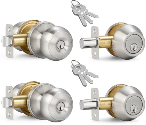 2 Sets Entry Door Knob and Single Cylinder Deadbolt Combo Set, Keyed Alike Round Ball Satin Nickel Exterior Door Knobs with Lock and Keys for Entrance and Front Door