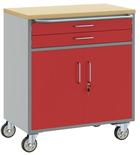 vidaXL Banco de Taller con cajón con Rueda Rojo y Gris 75 x 45 x 85 cm, Banco de Trabajo Rectangular, Industrial, para Guardar Herramientas, organizar y con Muebles duraderos