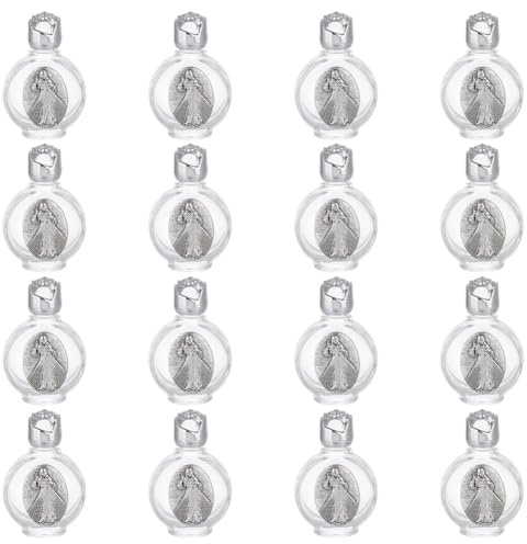 WEBEEDY 16 botellas de agua bendita en relieve, de 15 ml, de vidrio vacío, portátiles, para decoración de fiestas de bautizo (plata, divina misericordia)