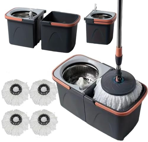 *NEW* SWISSPACK Revolving Spin Mop and Bucket With .5. Extra Pads Perfect For Easy Cleaning. Clean and Dirty Water Separtered For Perfect Finish (ORANGE-GREY) (ORANGE-GREY 2)