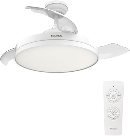 Taurus – Ventilador de techo con luz Fresko Hide&Go | 3Aspas | Ultrasilencioso | Temporizador 8h | 6 Velocidades | Control remoto | Programable | Blanco