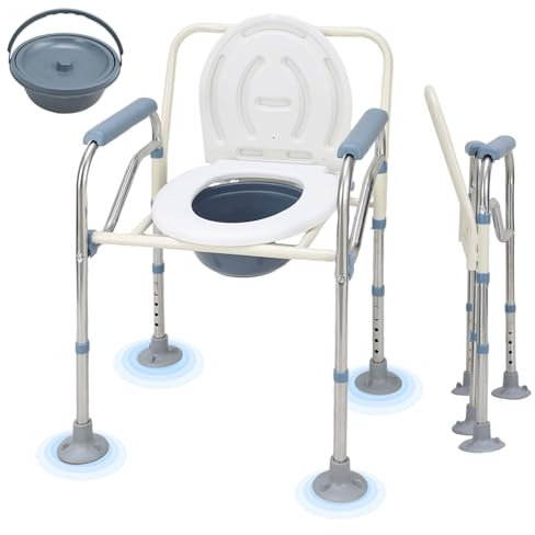 Tubiaz Silla de inodoro plegable para personas mayores de hasta 150 kg, 5 alturas ajustables, silla de noche con cubo, ayuda para inodoro, taburete para personas mayores y embarazadas, incluye