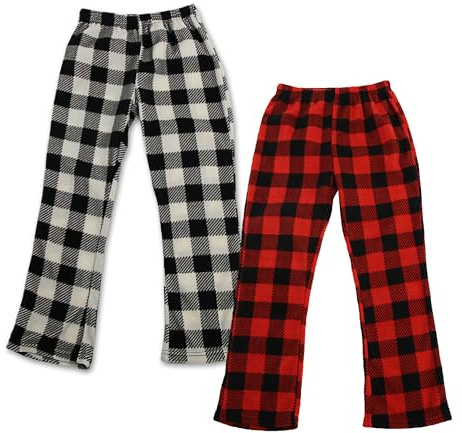 LNFINTDO 2-pack barn flickor pyjamasbyxor fleece jul pläd pyjamas byxor mjuka rutiga pyjamasbyxor med fickor nattkläder lounge byxor, Röd + grå, 7-8 Years