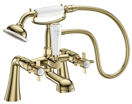 VeeBath Ripple Traditional Telephone Bath Shower Mixer Tap with Kit – Brushed Brass Finish, Dual Lever Control, G3/4 Inlet, Bath Sink Tap with Shower Attachment, Victorian Style Bathroom Tap