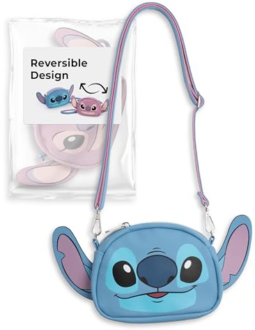Disney Lilo & Stitch - Bolsa cruzada de doble cara | Bolso de mano azul con personaje de ángel y puntada | Correa ajustable pequeña película mercancía para niños