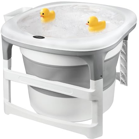Baignoire Bébé Pliable - Baignoire Enfant Ronde, Hauteur Améliorée, Plateforme de Rangement, Gris, 77x75x67cm