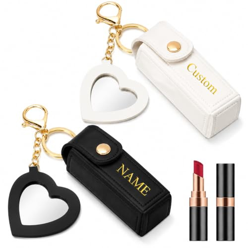 Yakify Custom Lipstick Case Keychain Personalized Leather Lipstick Holder with Mirror Customized Potable Chapstick Bag with Gold Stamping Name Text Cosmetics Gifts for Women Girls
