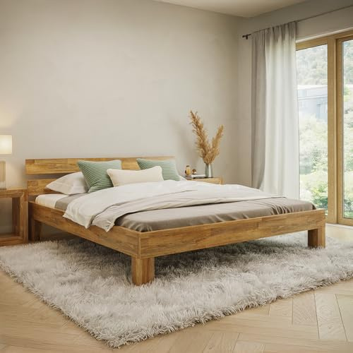 skølm Floki Massivholzbett Eiche 200x200 cm, Bett mit Bettkopf, Natur geölt | hochwertiges Bettgestell mit Strebe, Bettrahmen, massives Holzbett, Bett geeignet als Doppelbett, Futonbett Schlafzimmer