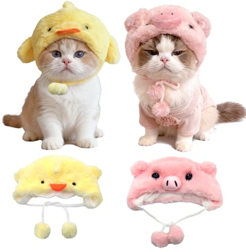 FOSDICK 2 Pezzi Cappello Gatto, Morbido Peluche Cappelli per Gatti, Adorabile Cappello per Gatto, Modelli con Pulcini e Maialino Cappellino gatto, Cappellino per Gatti Copricapo Accessori