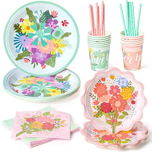 Set Blumen Partygeschirr Kindergeburtstag, Pappteller Servietten Becher Strohhalme Blume Geburtstagsdeko Mädchen Junge Floral Geburtstagsteller Bunt Partyteller Geschirrset 12 Personen