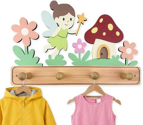 Midrean Wooden Mushroom Flower Fairy Decorative Kids Towels Coat and Key Rack Hanger Wall Mount 13.7 Inches Cute Childrens Room Door Bedroom Hanger Hanging Hooks(1Pack)