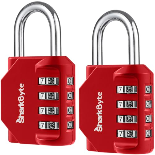 SharkByte 2 Pack Heavy Duty Combination Padlocks – 4-Digit Weatherproof Outdoor Lock, Keyless Resettable Lock for Gym, School, Locker, Shed, Toolbox, Storage & Site Use - Red