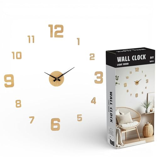 MIJOMA Orologio da parete fai da te con adesivi numerici – Orologio moderno effetto legno – silenzioso, funzionamento a batteria, grandi cifre 3D – Orologio minimalista da incollare per soggiorno e