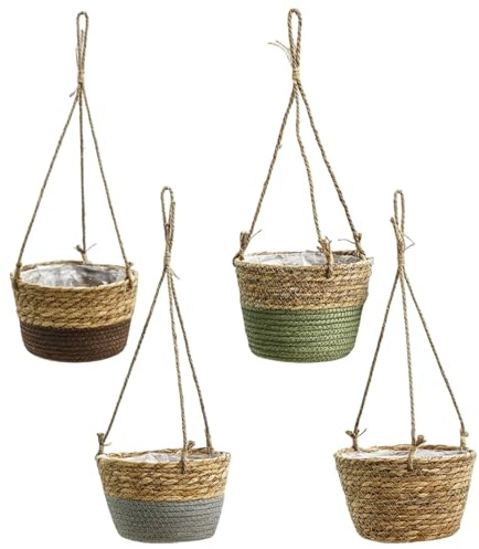 Neptuiby 4 fioriere da appendere, in paglia naturale, per interni ed esterni, traspiranti, con corda robusta, per decorare la casa e il giardino