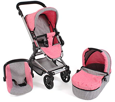 Bayer Chic 2000 Poussette pour poupée Fides, Ensemble 3 en 1 composé d'une nacelle, d'un siège Sport et d'un siège Auto, Gris et Rose chiné
