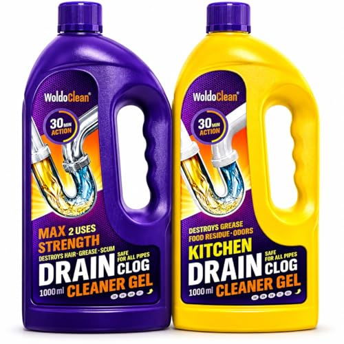 WoldoClean Set Disgorgante 2x1000ml – Cucina & Bagno | Gel Extra Forte contro Grasso, Capelli & Residui Alimentari | Pulitore per Lavello, Doccia & Lavandino