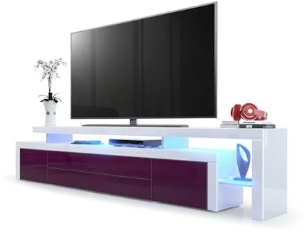 Vladon TV Board Lowboard Leon V3, Made in Germany, Korpus und Überbau in Weiß Hochglanz/Front in Brombeer Hochglanz mit Rahmen in Weiß Hochglanz inkl. LED Beleuchtung (227 x 52 x 35 cm)