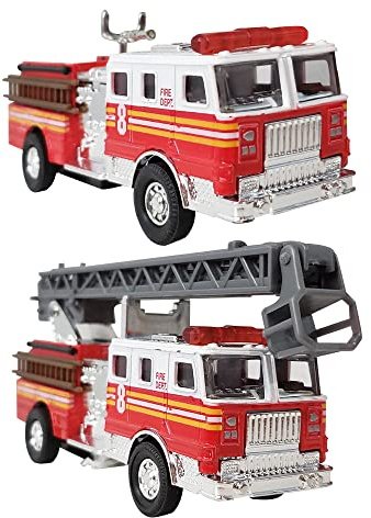 ArtCreativity 5.5 Inch Fire Truck Toys - Set of 2 - Pull Back Firetruck Toys 3-5 Years Old Boys and Girls - Includes Metal Ladder Truck and Fire Engine - Best Birthday Gift for Toddlers and Kids