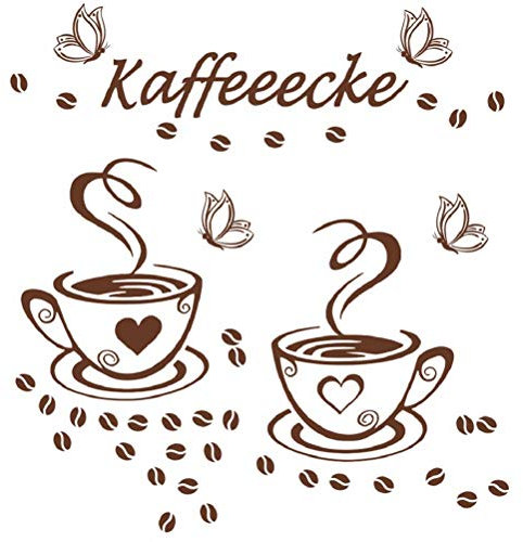WandSticker4U®- Pegatinas pared cocina 2 TAZAS DE CAFÉ + 4 MARIPOSAS marrón decorativas I vinilo adhesivo pared frases café grano I decoración cocina comedor muebles puerta nevera oficina cafetería