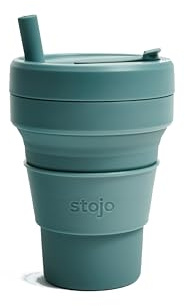 STOJO On-The-Go Biggie Tasse à café pliable avec couvercle – 473 ml – Tasse de voyage réutilisable et pliable en silicone – Portable, format de poche – Passe au lave-vaisselle – Eucalyptus