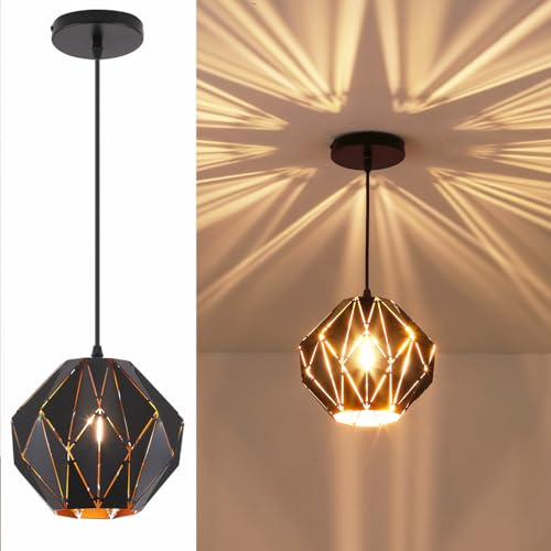 baunoisk Pendant Light Industrial Vintage Pendant Lamp Retro Farmhouse Ceiling Hanging Light Fixture Black Metal Creative Geometric Diamond Shade Pendant Lighting for Kitchen Island