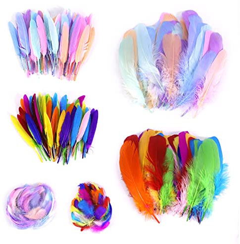 Viaky 400 Pcs Natural Goose Feathers for Crafts, Colourful Craft Feathers in Bright Colours for DIY Decoration, Dreamcatchers, Party, Halloween Decorations, Wedding and Costume Making (3 Sizes)