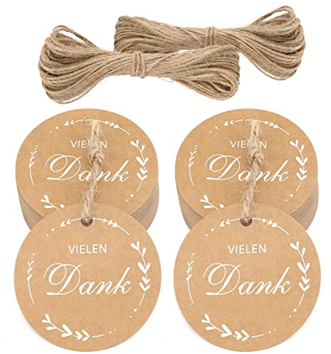 jijAcraft 100 Stück Geschenkanhänger VIELEN Dank Kraftpapier Anhänger Rund 5cm mit Jute Schnur 20m Hangtag Etiketten Vintage Etiketten Tags für Gastgeschenke Hochzeitsdeko DIY