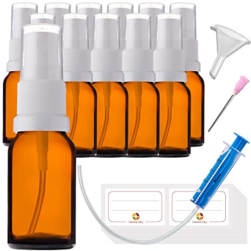 HandsUnity 10ml-12Stk Sprühglasflasche - Apotheke Bernsteinglasflaschenset mit weißem Zerstäuber Glassprühflasche aus Braunglas inklusive 29 Zubehörteile