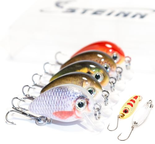 Steinn Lot de 5 Leurres Artificiels Mini Crankbaits Wobblers - pour Poissons Prédateurs - 1,6 g - 2,5 cm - avec Boîte de Rangement (Couleur 1 - Inclut 2 Cuillères Tournantes)