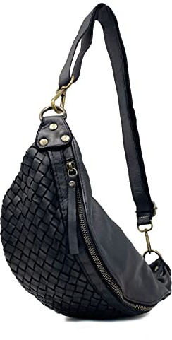 Marsupio Grande in Pelle Unisex Stile Vintage Indossabile a Tracolla (Nero)