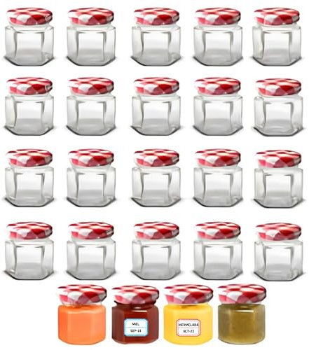 Awiku 24 vasetti di vetro esagonali con coperchio ermetico da 45 ml, barattoli per miele, marmellata, barattoli piccoli, barattoli di vetro resistenti e stagni inclusi
