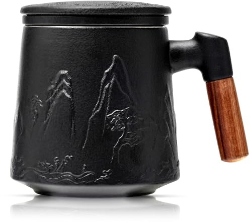 suyika Ceramic Tea Cup with Infuser and Lid, Gradient Embossed Large Tea Mug Wooden Handle for Steeping Loose Leaf, Tea Lover Gifts 15.2 oz / 450 ml,Matte Black