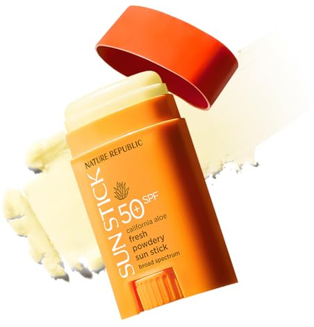 Nature Republic California Aloe Fresh Powdery Sun Stick Broad Spectrum SPF50+ | Korean Sunscreen, Travel Size Sunblock Stick, No White Cast, Non-Sticky, Water-Resistant, 0.71 oz / 21 g