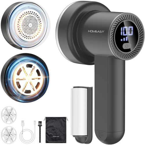 HOMEASY Electric Fabric Shaver Lint Remover | Electric sweater shaver and depiller with 70mm head, 6-leaf blades, LED battery display and Type-C charging for Furniture