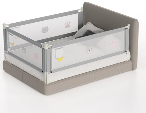 Tubiaz 1x150CM+2x180CM Barrera Seguridad Niños Cama, Altura Regulable 70-98cm, Barrera Cama niños con protección contra caídas, Barandilla Cama niño Plegable, Fácil de Montar, Acabado Gris Bordado